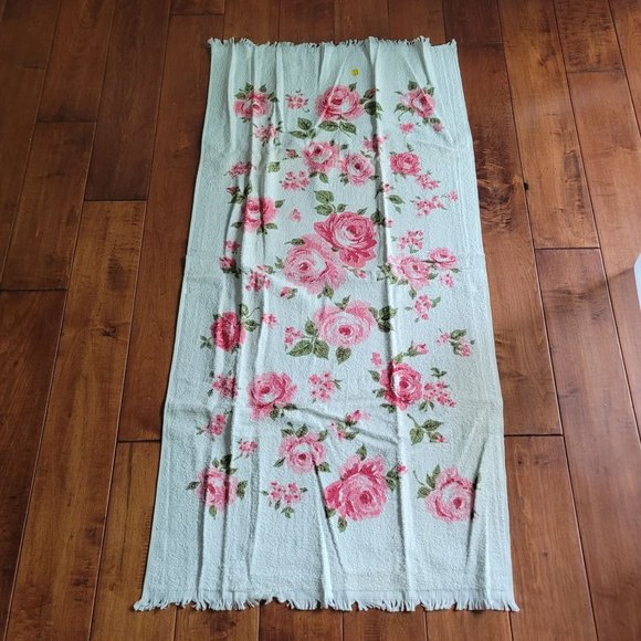 Vintage St Mary's Rose Print Bath Towel and Washcloth Set of 2 NWT White Pink Gr - Picture 3 of 5